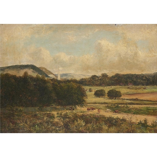 648 - ENGLISH SCHOOL, LATE 19TH C PASTORAL LANDSCAPE WITH FIGURES AND LIVESTOCK A CHURCH STEEPLE BEYOND in... 