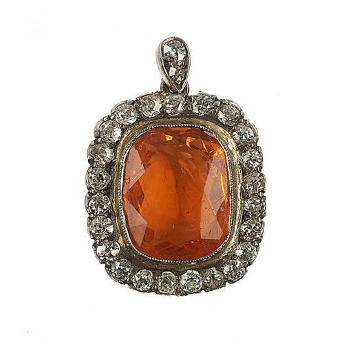 65 - A FIRE OPAL AND DIAMOND CUSHION SHAPED PENDANT, EARLY 20TH C with diamond loop, 15 x 22mm overall, 3... 