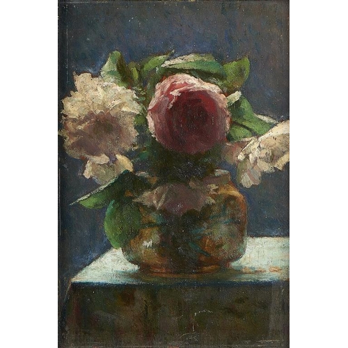 651 - BRITISH, POSSIBLY SCOTTISH SCHOOL, LATE 19TH C PINK AND WHITE ROSES IN A VASE oil on panel, 23 x 15.... 