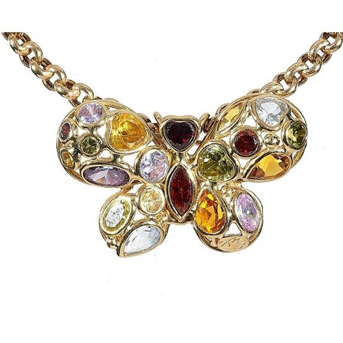 66 - AN ITALIAN MULTI-GEM SET BUTTERFLY PENDANT  21 x 34mm, marked 750, on a gold chain, 15.8g... 