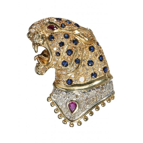 67 - A SAPPHIRE, DIAMOND, RUBY AND TWO COLOUR GOLD TIGER'S HEAD BROOCH-PENDANT  26 x 50mm overall, 16g... 