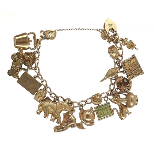 70 - A GOLD CHARM BRACELET  variously marked, 55g