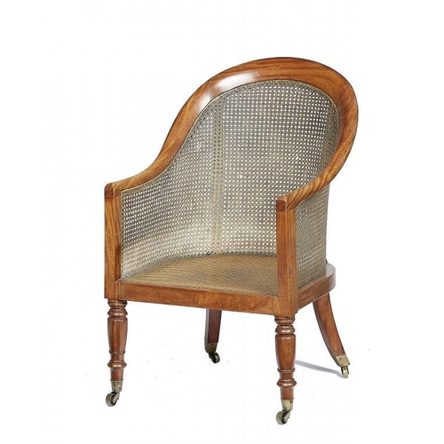 842 - AN EARLY VICTORIAN MAHOGANY BERGERE, C1840  on brass castors, 91cm h