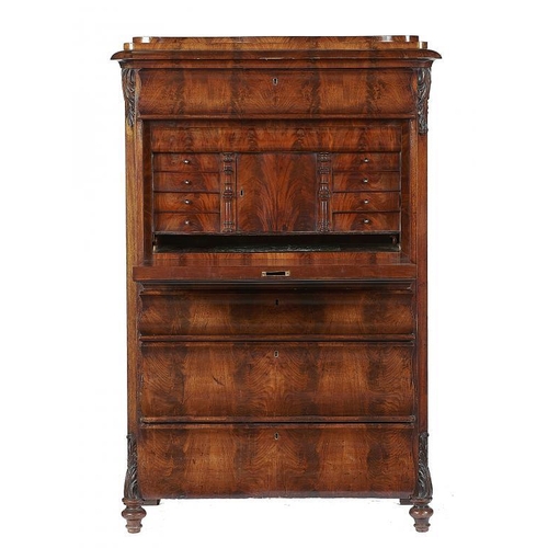 849 - A GERMAN MAHOGANY SECRETAIRE A ABATTANT, MID 19TH C   in matched, figured veneers, having fitted int... 