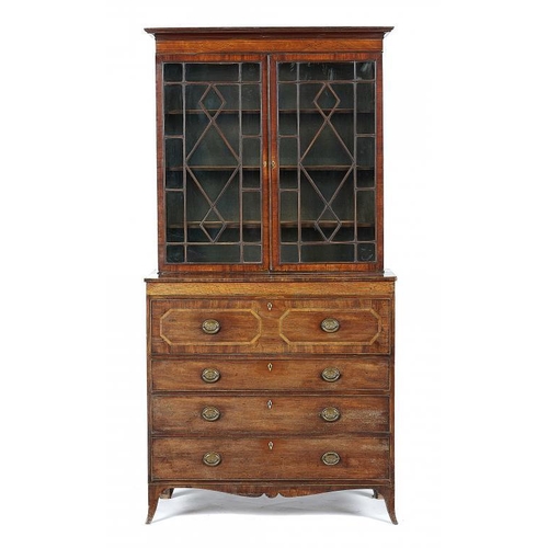 855 - A GEORGE III MAHOGANY AND LINE INLAID SECRETAIRE BOOKCASE, EARLY 19TH C  the cabinet with adjustable... 