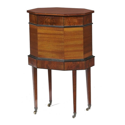 863 - AN OCTAGONAL MAHOGANY AND EBONY LINE INLAID WORK TABLE, EARLY 20TH C  with ebony mouldings, on squar... 