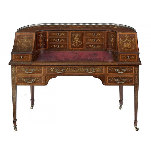 867 - A VICTORIAN MAHOGANY, SATINWOOD AND MARQUETRY CARLTON HOUSE WRITING TABLE, C1900 with brass gallery,... 