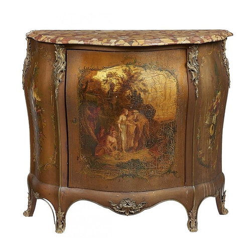 868 - A FRENCH 'VERNIS MARTIN' COMMODE IN LOUIS XV STYLE, C1900  with breche d'alep marble top, the door a... 