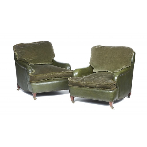 870 - A PAIR OF EDWARDIAN ARMCHAIRS, EARLY 20TH C  re-upholstered in buttoned green hide, on mahogany feet... 