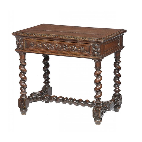 880 - A NORTHERN EUROPEAN CARVED OAK SIDE TABLE, LATE 19TH C  the top with panelled sides and drawer, on s... 