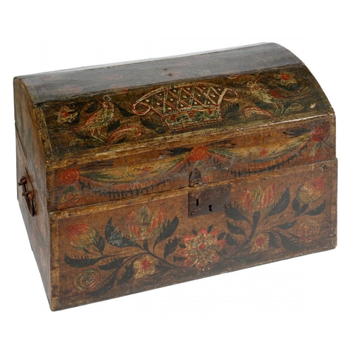 881 - A NORTHERN EUROPEAN POLYCHROME DECORATED BOARDED OAK TRAVELLING TRUNK, 19TH C  the lid and three sid... 