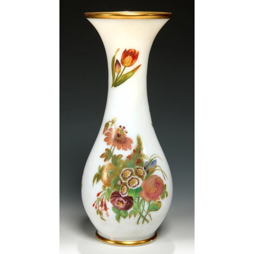 102 - A FLORAL ENAMELLED OPAL GLASS VASE, PROBABLY FRENCH, C1860 34cm h