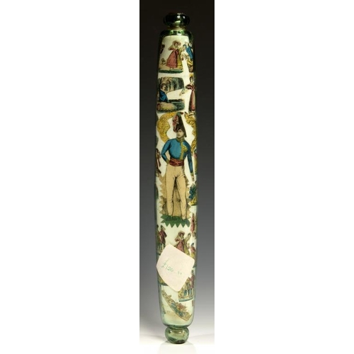 105 - DECALCOMANIA.  A VICTORIAN GLASS ROLLING PIN, MID 19TH C  43.5cm l