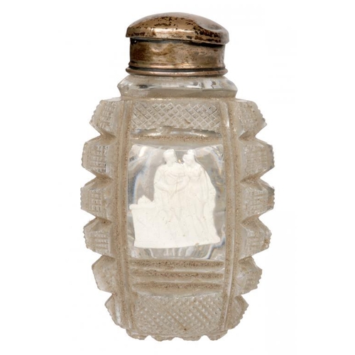 108 - A FRENCH CRYSTALLO CERAMIE SCENT BOTTLE,  C1820 with a sulphide of two figures at an altar, silvered... 