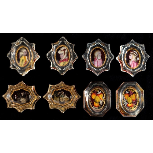 109 - FOUR PAIRS OF BOHEMIAN ZWISCHENGOLDGLAS SALT CELLARS, 18TH/EARLY 19TH C decorated with portraits, fi... 