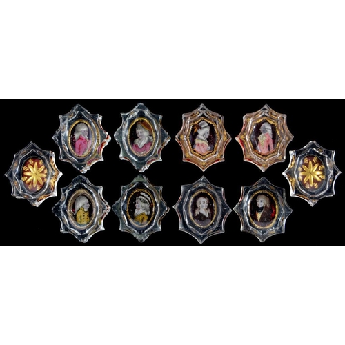 110 - FIVE PAIRS OF BOHEMIAN ZWISCHENGOLDGLAS  SALT CELLARS, 18TH/EARLY 19TH C decorated with portraits, f... 