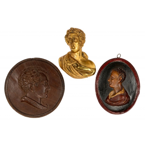 249 - A PRESSED WOOD PORTRAIT MEDALLION, A COLD PAINTED TERRACOTTA PORTRAIT MEDALLION AND A GILTMETAL   RE... 