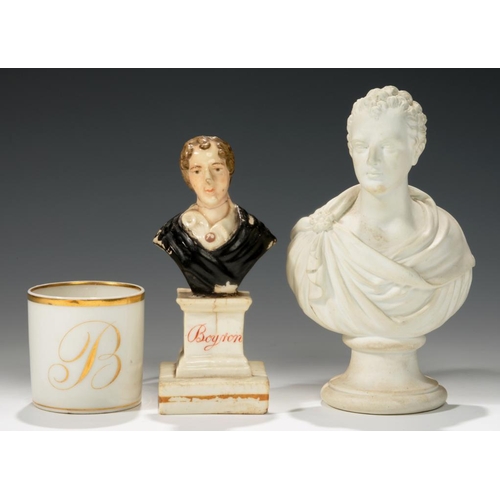 252 - A STAFFORDSHIRE MINIATURE PORCELAIN BUST OF LORD BYRON ON A PEDESTAL, A BISCUIT PORCELAIN BUST OF BY... 