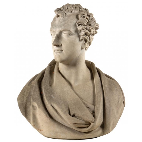 257 - A RECONSTITUTED STONE BUST OF LORD BYRON A L'ANTICA, 20TH C    by Haddonstone, 65cm h 