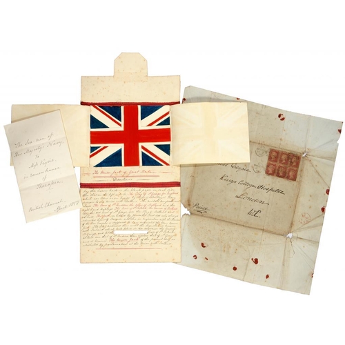 270 - CRIMEAN WAR. AN UNUSUAL VICTORIAN SAILOR'S PAINTED CARD UNION JACK PUZZLE of pink cotton taped foldi... 