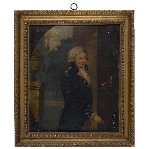 521 - ENGLISH SCHOOL, 19TH C PORTRAIT OF A GENTLEMAN  small three quarter length in a blue coat before an ... 