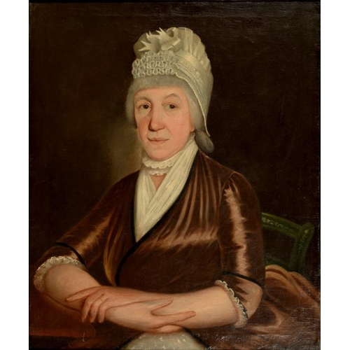 524 - BRITISH SCHOOL, 19TH C PORTRAIT OF A LADY  seated half length in a brown dress and lace cap with arm... 