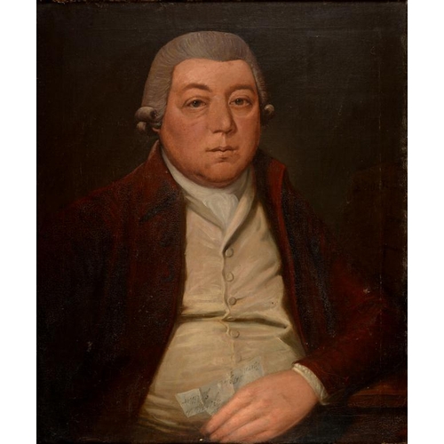 527 - ENGLISH SCHOOL, 1794  PORTRAIT OF A GENTLEMAN  half length in a rust coloured coat, his powdered hai... 