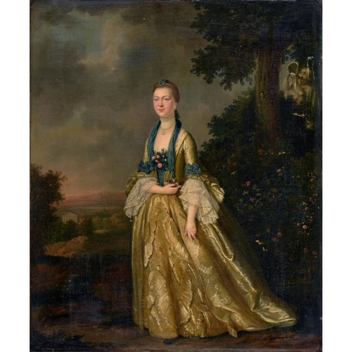 529 -  JOHN S C SCHAAK (FL 1760-1770) PORTRAIT OF A LADY  small full length in a satin gown with lace slee... 