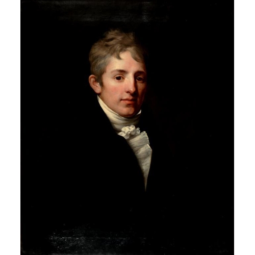 529A - ENGLISH SCHOOL, EARLY 19TH C PORTRAIT OF A YOUNG MAN  bust length in a white stock and black coat, o... 