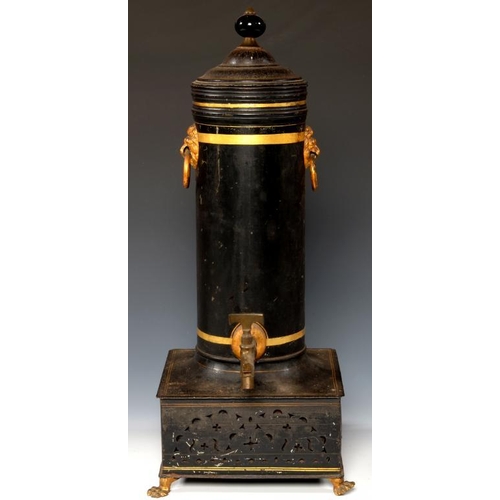 536 - A GERMAN BLACK AND GILT JAPANNED TINPLATE TEA URN AND COVER, SECOND QUARTER 19TH C the cylindrical v... 