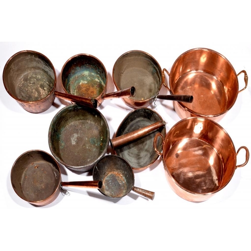 537 - SEVEN VARIOUS ENGLISH COPPER PANS AND TWO PRESERVING PANS, ALL 19TH C with rolled rim, largest prese... 