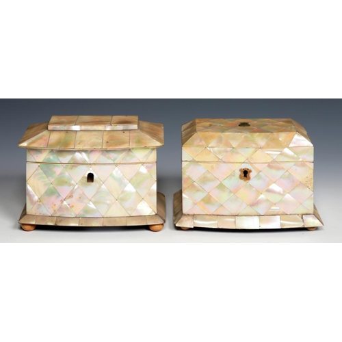 540 - TWO VICTORIAN MOTHER OF PEARL TEA CADDIES C1840  each with divided interior and pair of covers, on v... 