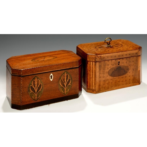 543 - TWO GEORGE III MAHOGANY AND INLAID TEA CADDIES, C1800  19 and 19.5cm l