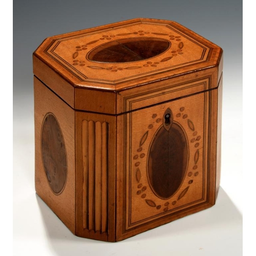 545 - A GEORGE III SATINWOOD, YEW WOOD AND INLAID TEA CADDY, C1790 with ovals and hollow fluting to the co... 