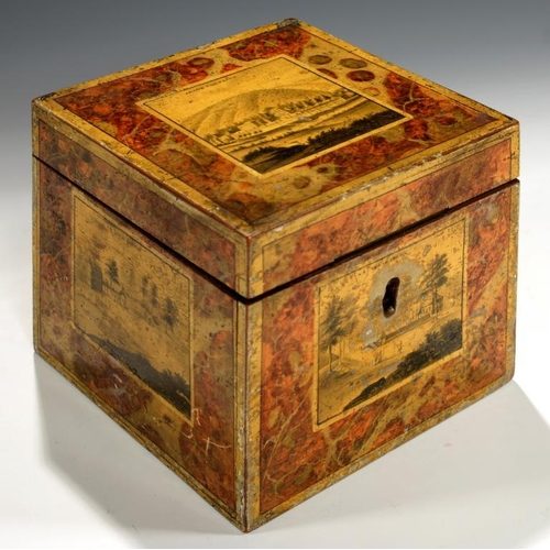 546 - AN UNUSUAL REGENCY TUNBRIDGE PAINTED   WHITEWOOD CUBE TEA CADDY, C1815-20  painted to the lid and al... 