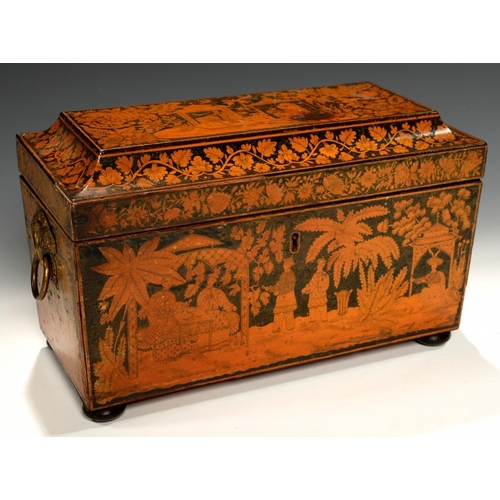 547 - A REGENCY PENWORK TEA CADDY, C1820 of sarcophagus shape, the exterior and interior finely decorated ... 