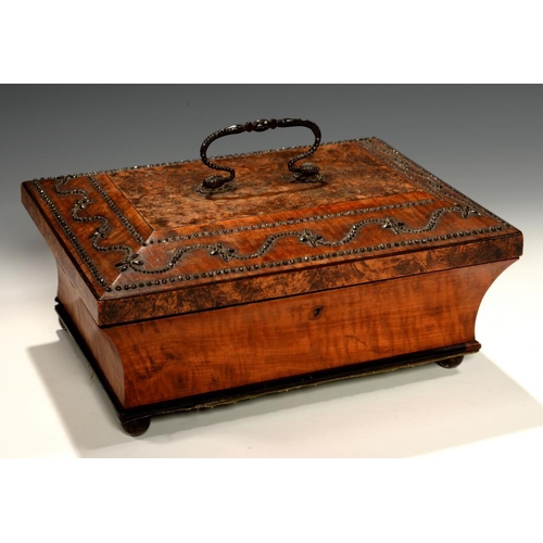 548 - A CHARLES X CUT STEEL MOUNTED MAPLE AND BURR MAPLE WORKBOX, C1820  of sarcophagus shape on brass bal... 