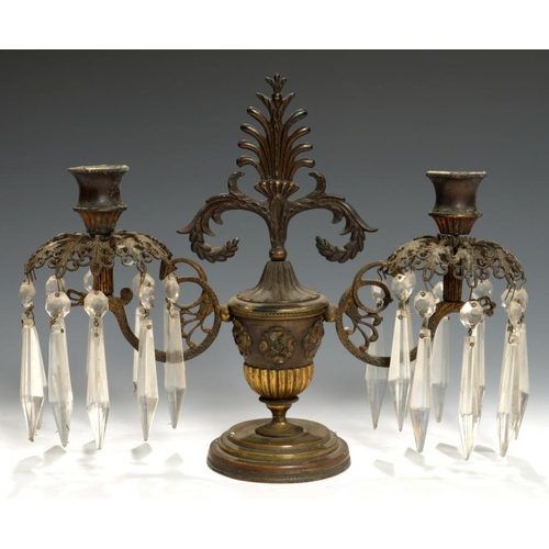 554 - A GILT AND PATINATED BRASS LUSTRE CANDELABRUM, PROBABLY ENGLISH, C1830 of vase shape, applied with r... 