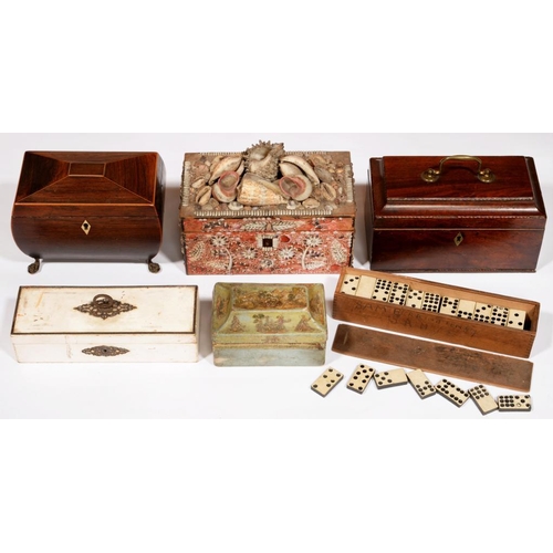 563 - A REGENCY SHELL ENCRUSTED ROSEWOOD TEA CADDY,  a George III mahogany tea caddy with barber pole stri... 