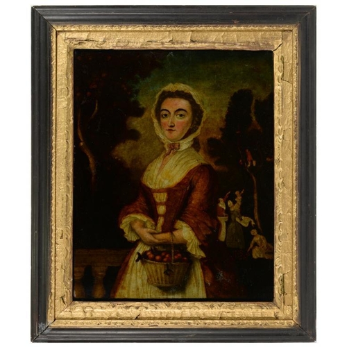 573 - A GEORGE III MEZZOTINT-UNDER-GLASS OF A LADY WITH A BASKET OF CHERRIES, LATE 18TH C  32 x 25cm  ebon... 