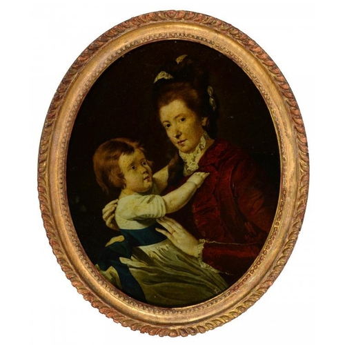 575 - A GEORGE III OVAL MEZZOTINT-UNDER-GLASS OF A LADY AND CHILD, LATE 18TH C  the backboard retaining fr... 