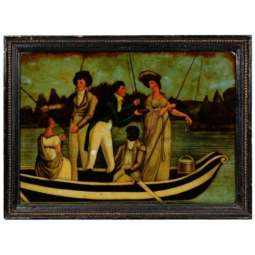 595 - A GEORGE III MEZZOTINT-UNDER-GLASS   OF A PARTY OF ANGLERS, EARLY 19TH C 21 x 30cm, ebonised frame ... 