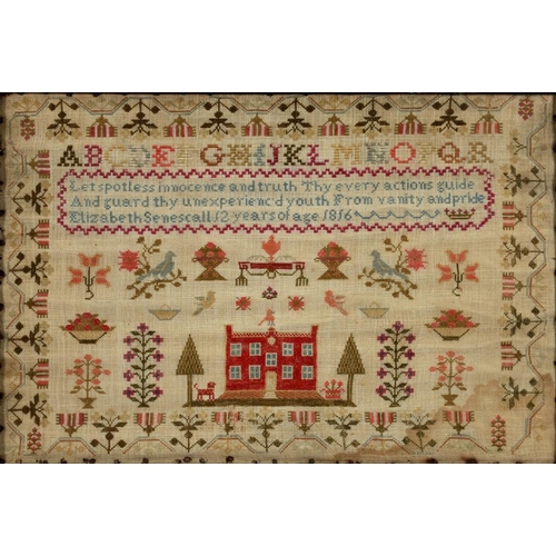 597 - A GEORGE III LINEN SAMPLER, LINCOLNSHIRE, ELIZABETH SENESCALL 12 YEARS OF AGE 1816 worked with red h... 