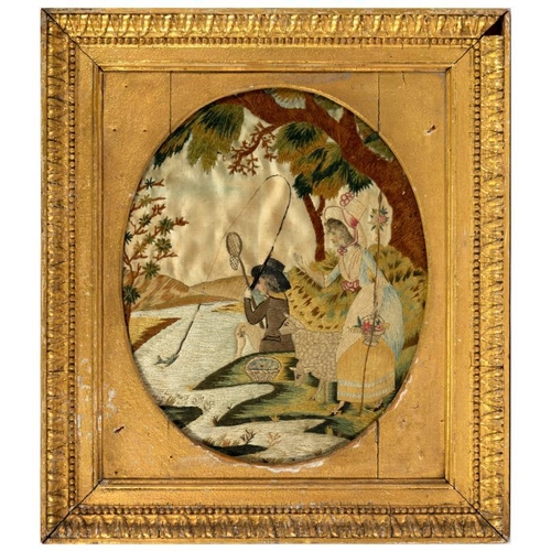 602 - A REGENCY EMBROIDERED SILK PICTURE OF A SHEPHERDESS AND ANGLER, C1790  32 x 26cm, giltwood and compo... 