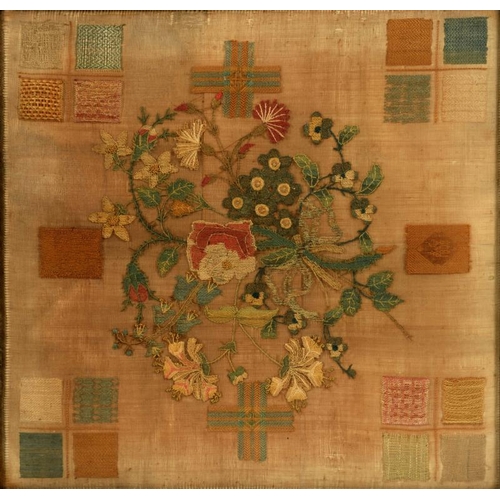 606 - AN ENGLISH  SAMPLER, LATE 18TH C  worked in cotton and silk with a central loose bouquet and pattern... 