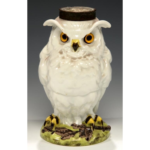 609 - A FRENCH PORCELAIN OWL NOVELTY OIL LAMP,  C1890  with glass eyes, brass mount, green printed mark WI... 