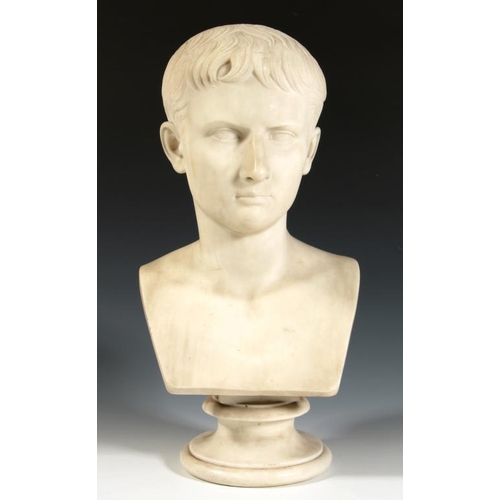 620 - AFTER THE ANTIQUE, 19TH C  BUST OF GAIUS CAESAR statuary marble on marble socle, 50cm h... 