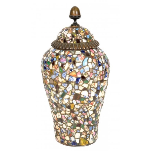 621 - A CERAMIC MOSAIC FLOOR VASE AND GILTWOOD COVER, 20TH C  the pottery and porcelain fragments 18th and... 