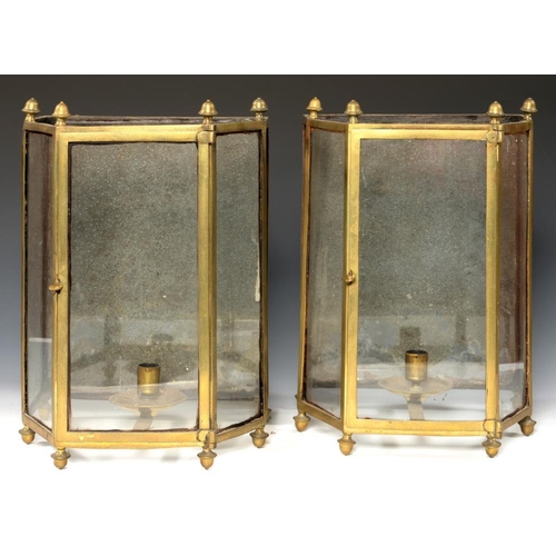 622 - A PAIR OF BRASS CANDLE WALL LANTERNS,   19TH/20TH C splay fronted with mirror back, 37cm h... 