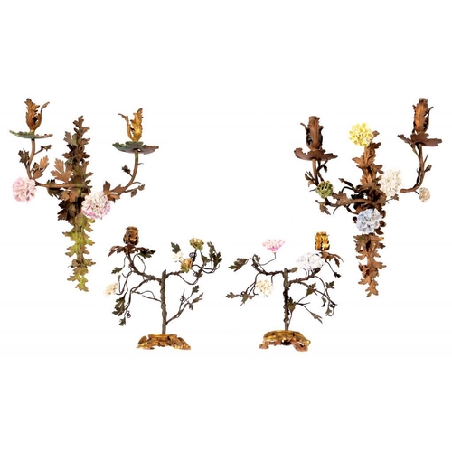 623 - A PAIR OF FRENCH ORMOLU AND WIREWORK CANDELABRA IN THE FORM OF A TREE WITH PORCELAIN FLOWERS, 19TH C... 